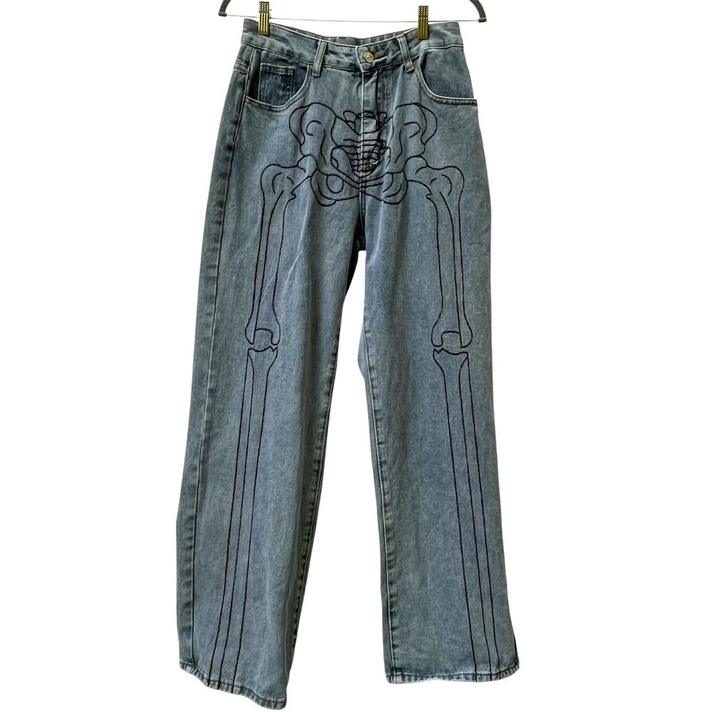 Romwe Skeleton Leg Jeans Wide Medium Size 6 Grunge Skull Emo Punk Goth X-ray